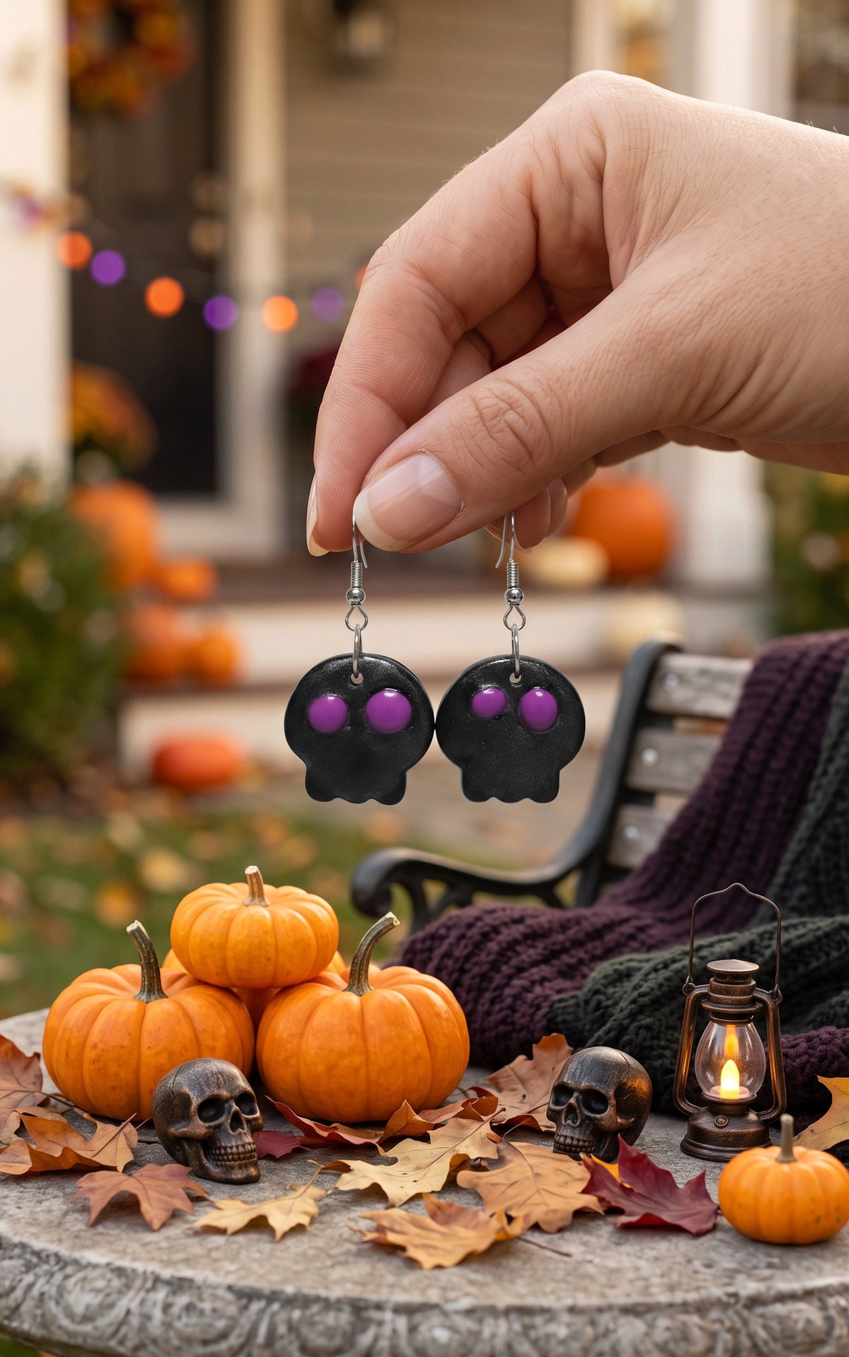 Handmade black shimmer skull earrings with purple eyes for Halloween