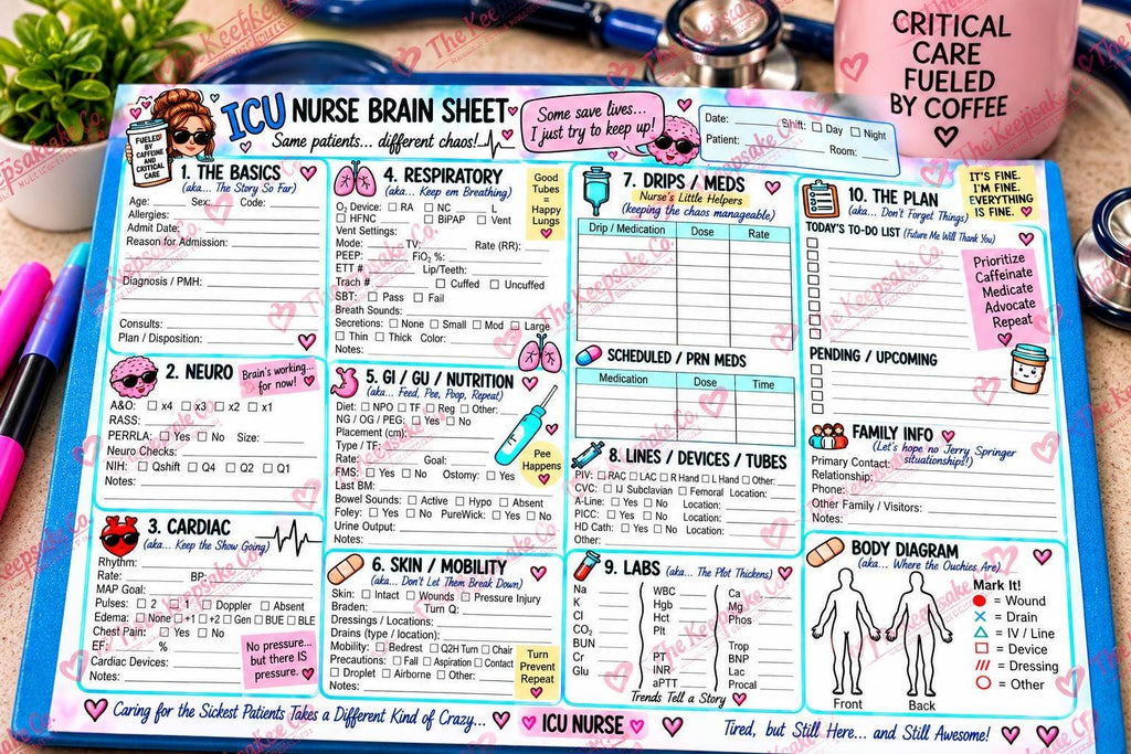 ICU Funny NurseBrain Sheet | Printable Critical Care Nursing Report Sheet | Digital Download