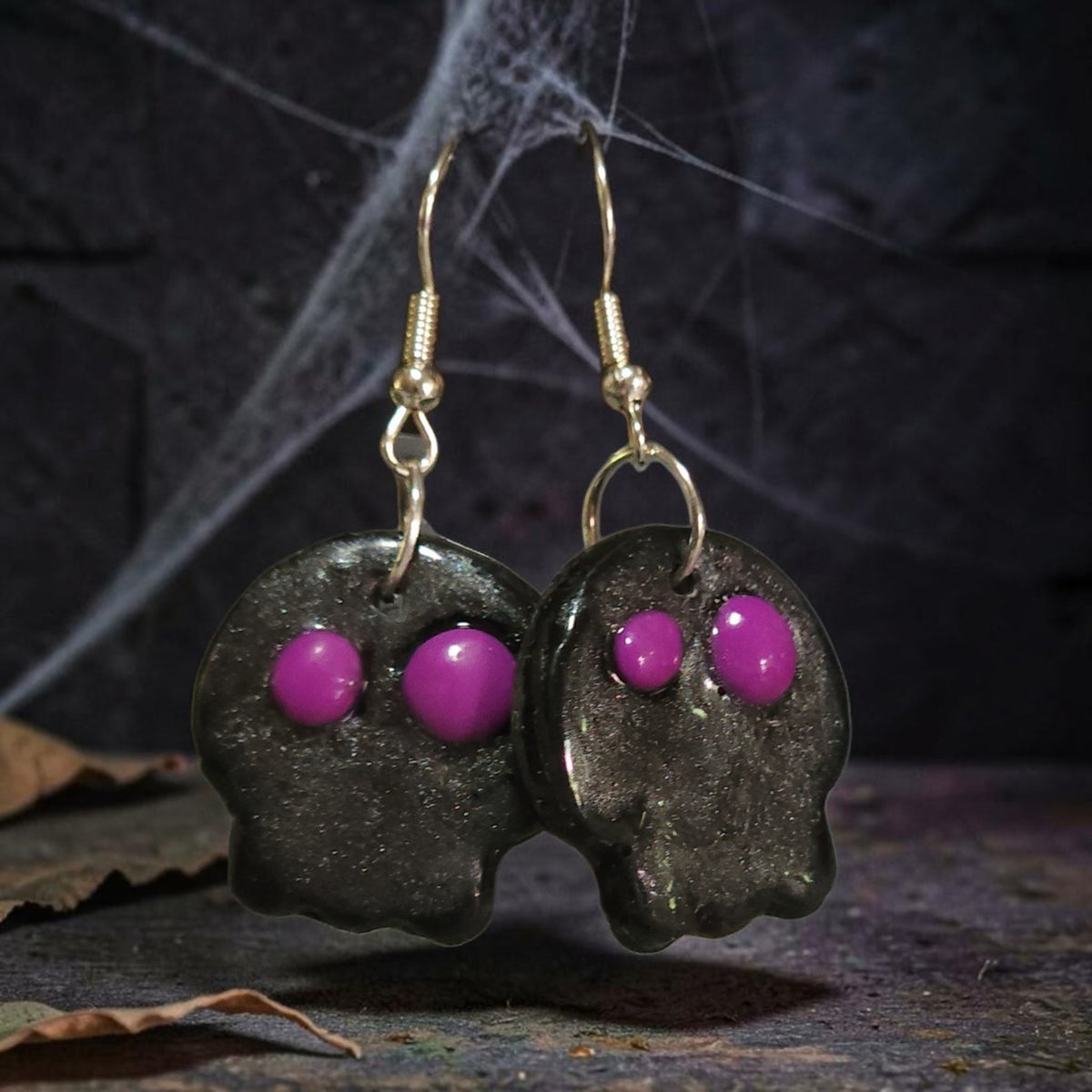 Black Shimmer Skull Earrings | Handmade Halloween Earrings